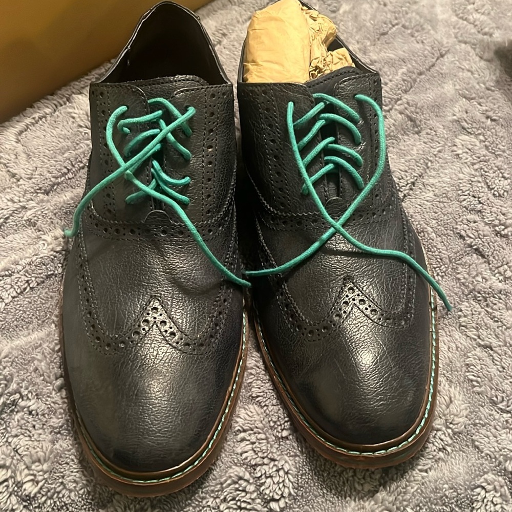 Cole Haan Black Leather Wingtip Oxfords with Teal Laces